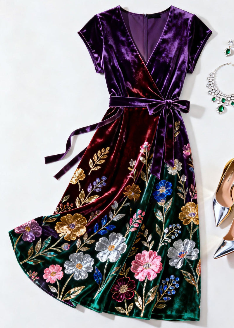 Purple V Neck Print Tie Waist Silk Velvet Dress Summer