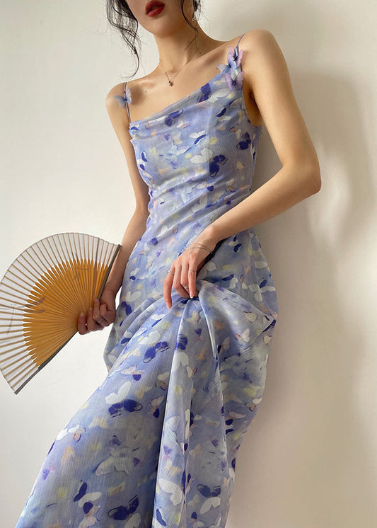 Blue Print Slim Fit Chiffon Holiday Spaghetti Strap Dress Summer