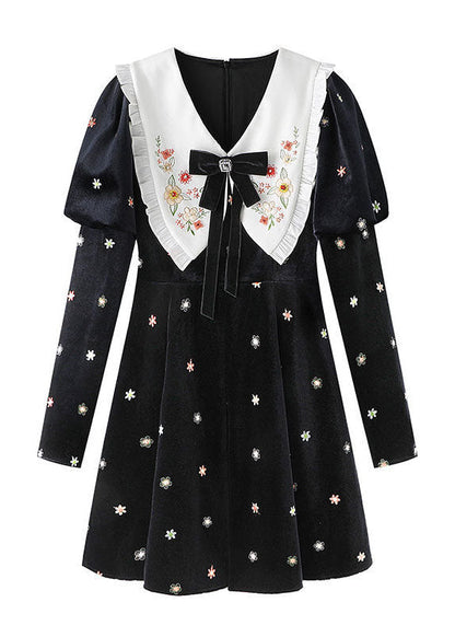 Diy Black Bow Collar Embroideried Silk Velour Dresses Spring
