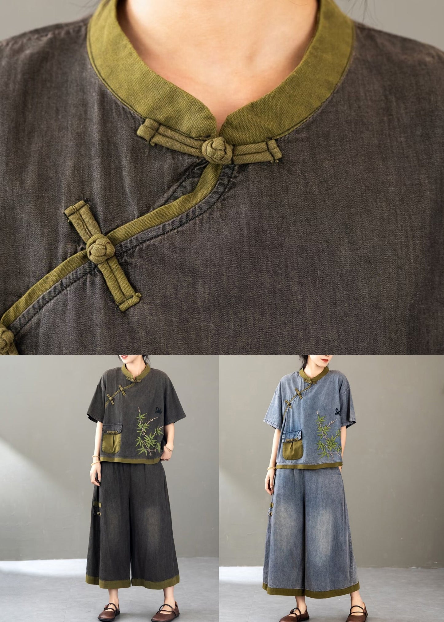 Retro Black Embroidered Pockets Denimtwo Piece Set Short Sleeve