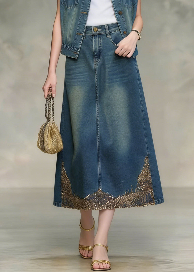 Blue Sequins Embroidered Denim Two Pieces Set Spring