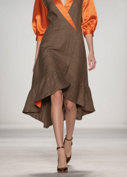 V Neck Ruffled Silk Patchwork Cotton Dresses Summer