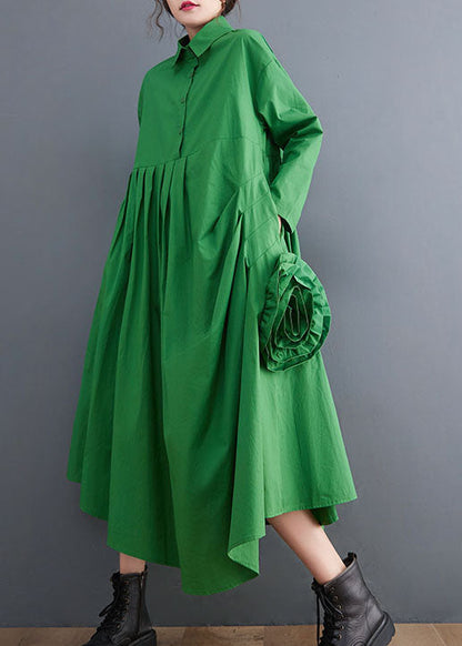 Natural Green Asymmetrical Cotton Shirts Dress Spring