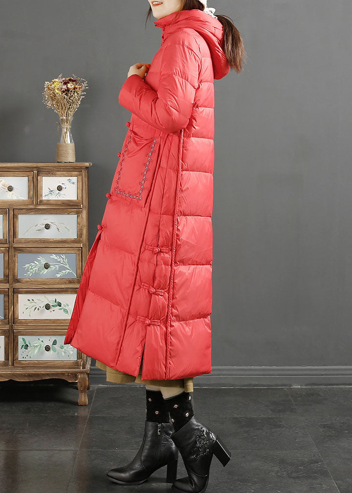 Fine Red Embroideried Side Open Button Duck Down Hooded Down Coat Long Sleeve