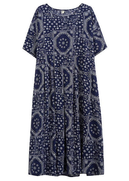 Navy O-neck Print Cotton Long Dress Short Sleeve