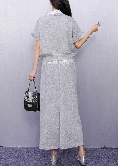 Grey Lace Patchwork Top and Maxi Skirts Two Piece Set Summer