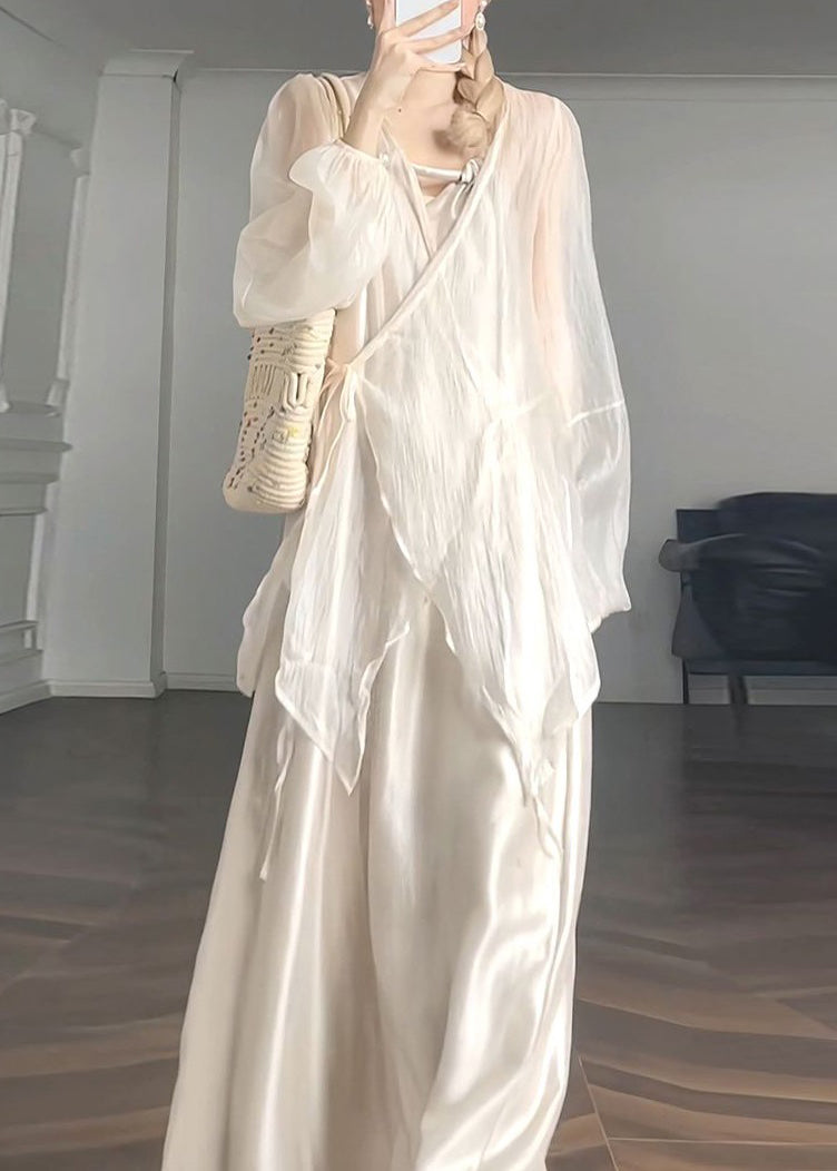 Apricot V Neck Lace Up Silk Two Pieces Set Spring