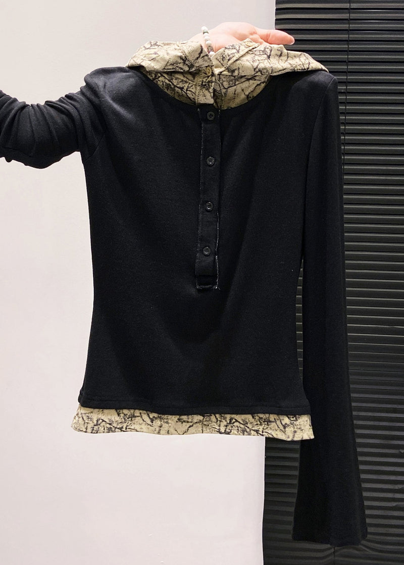 Brown Hooded Patchwork Cotton Fake Two Piece Tops Fall