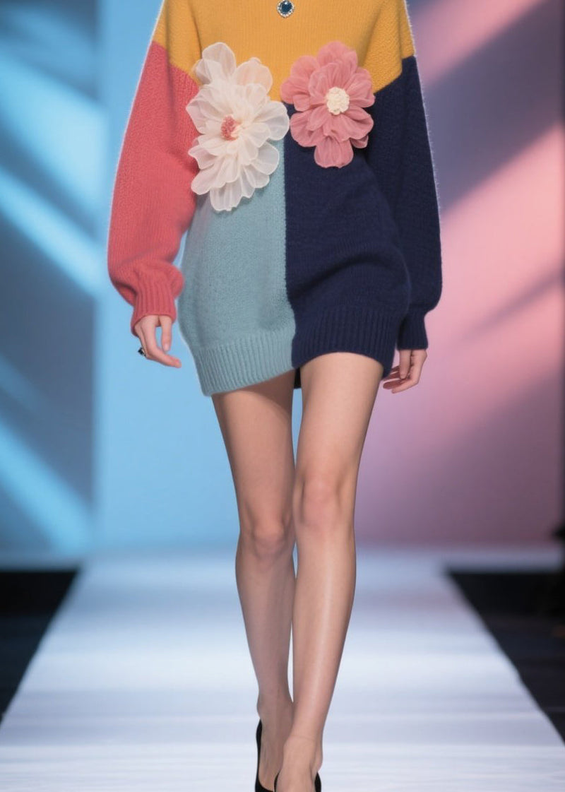 Italian Colorblock O Neck Knit Mid Sweater Fall