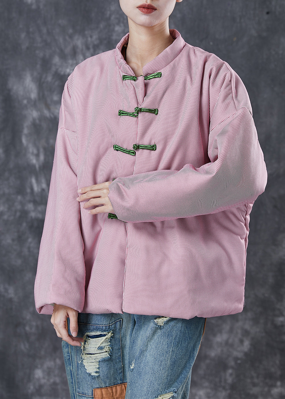 Pink Oversized Striped Fine Cotton Filled Coat Winter