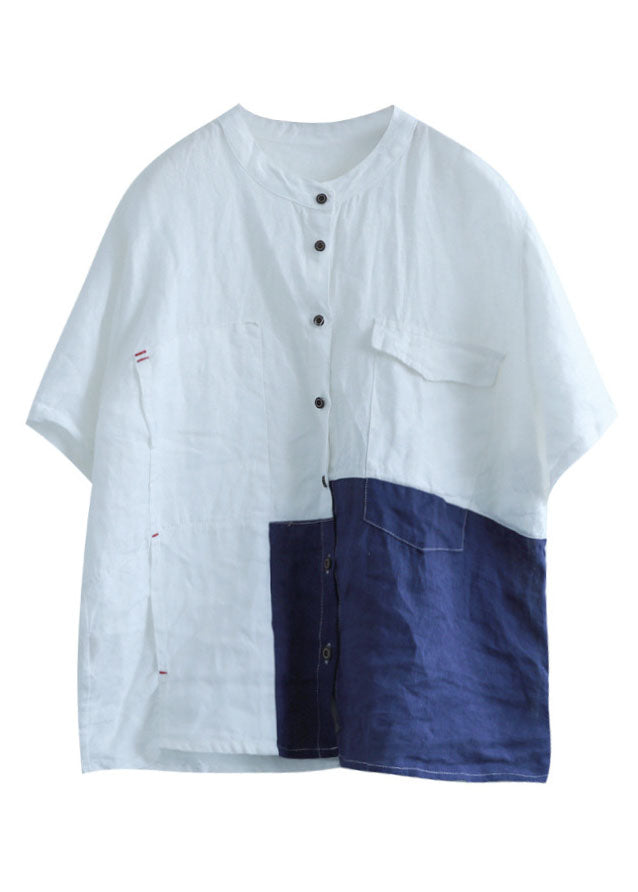 Modern White Blue O-neck Patchwork Linen Blouse Tops Short Sleeve