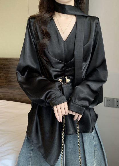 Black Asymmetrical Design Draping Silk Tunic Shirts Fall