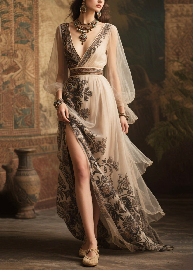 Beige Print Exra Large Hem Chiffon Holiday Dress Summer