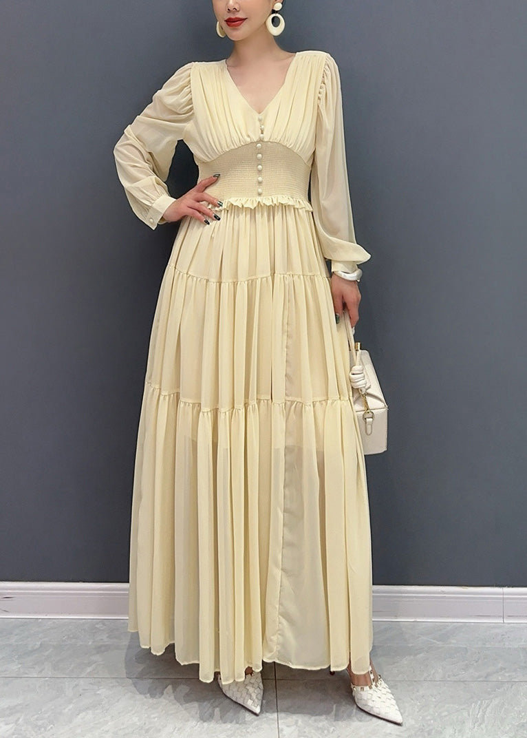 Purple V Neck Wrinkled Patchwork Chiffon Dress Long Sleeve