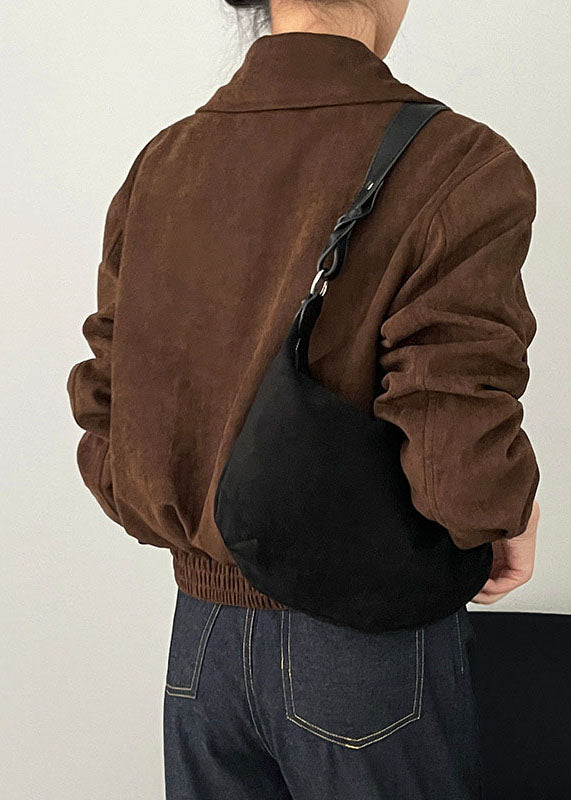 Chocolate Zip Up Pockets Patchwork Faux Suede Coat Long Sleeve