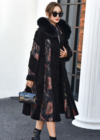 Boutique Black Fox Collar Patchwork Print Cashmere Jacket Winter