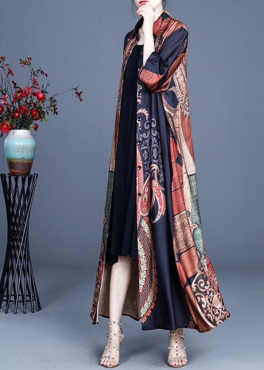 Black Print Summer Silk Peter Pan Collar Cardigan Long