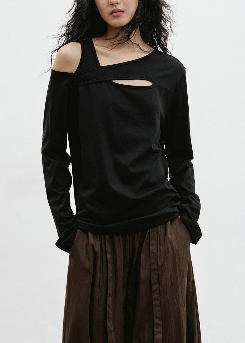 Black Cold Shoulder Patchwork Cotton T Shirt Top Spring