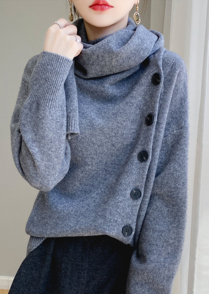 Coffee Scarf Collar Button Patchwork Wool Sweaters Spring