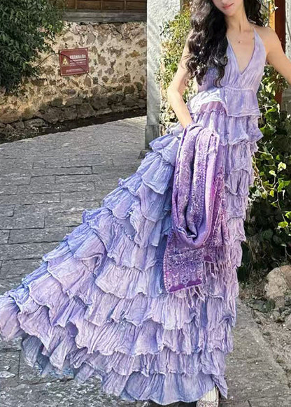 Purple V Neck Backless Cotton Maxi Dresses Sleeveless