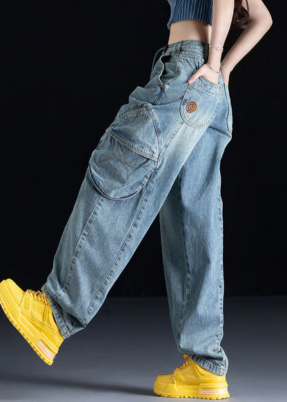 Organic Blue Pockets Patchwork Denim Pants Fall