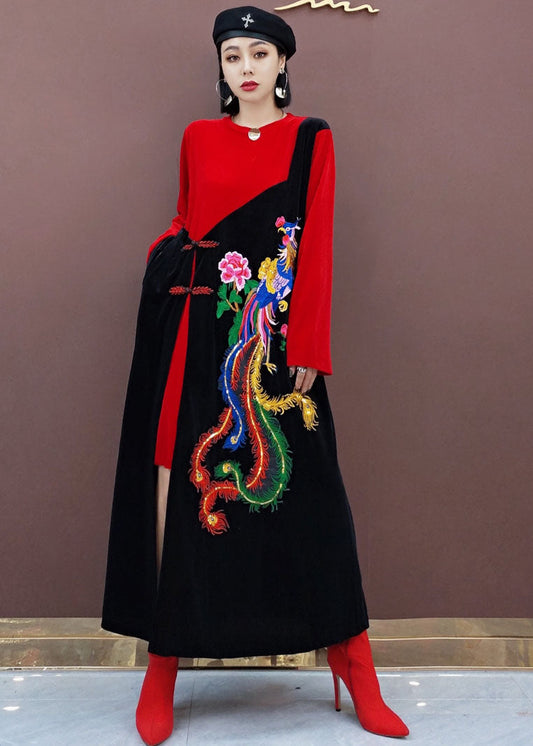 Red Oriental Embroideried Patchwork Velour Long Dresses Spring