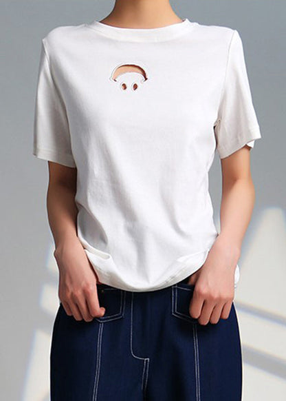 White O Neck Hollow Out Cotton T Shirts Summer