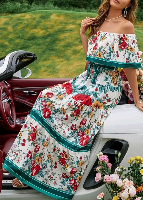 Green Slash Neck Print Cotton Long Dresses Summer