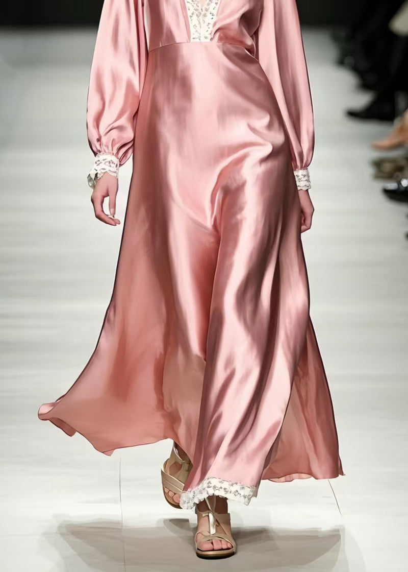 Pink V Neck Patchwork Silk Vacation Dresses Spring