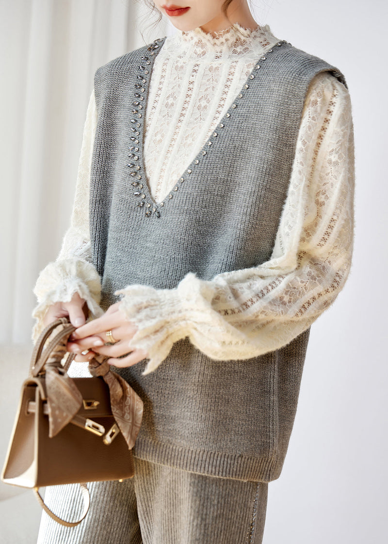 Grey V Neck Zircon Patchwork Knit Waistcoat Sleeveless