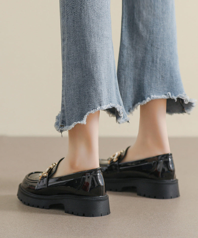 Black Zircon Platform Faux Leather Splicing Loafers