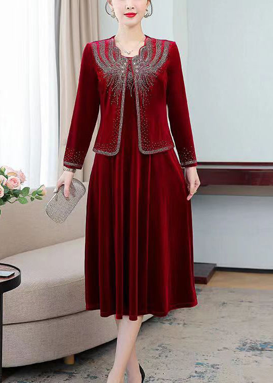 Classy Wine Red Zircon Coat and Waistcoat Dress Silk Velour Two Pieces Set Fall