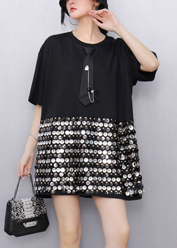 Natural Black O-neck Patchwork Sequins T Shirts Short Sleeve