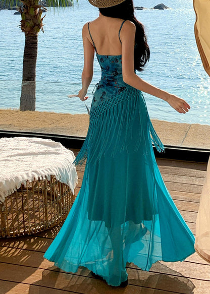 Blue Asymmetrical Patchwork Tassel Maxi Spaghetti Strap Dress Sleeveless