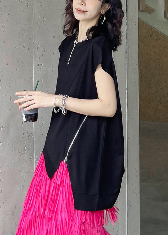 Black O-neck Zippered Top Summer