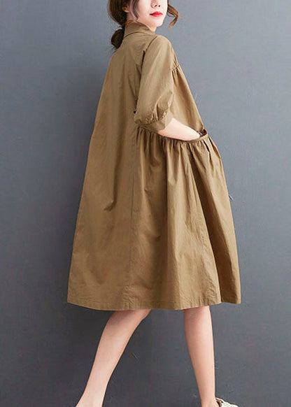 Khaki Peter Pan Collar Button Cotton Dresses Half Sleeve