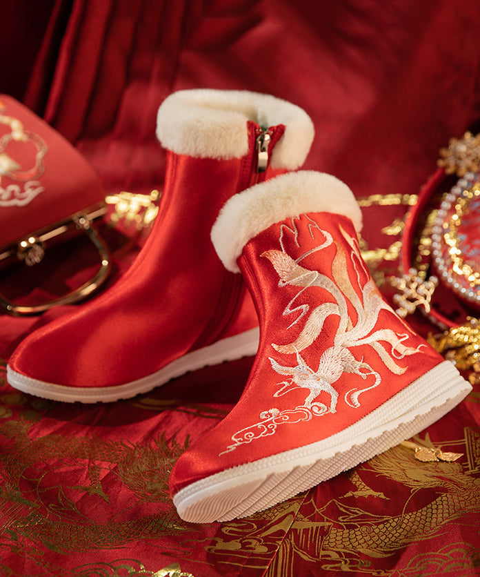 Red Satin Embroidery Splicing Boots Fuzzy Wool Lined