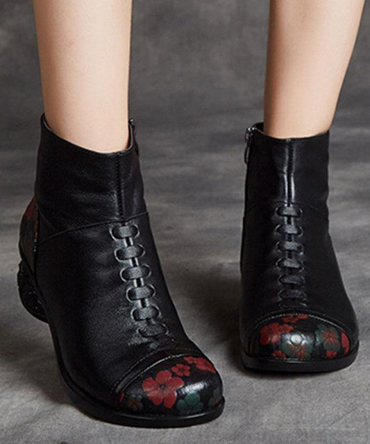 Black Boots Chunky Cowhide Leather Embossed Boots