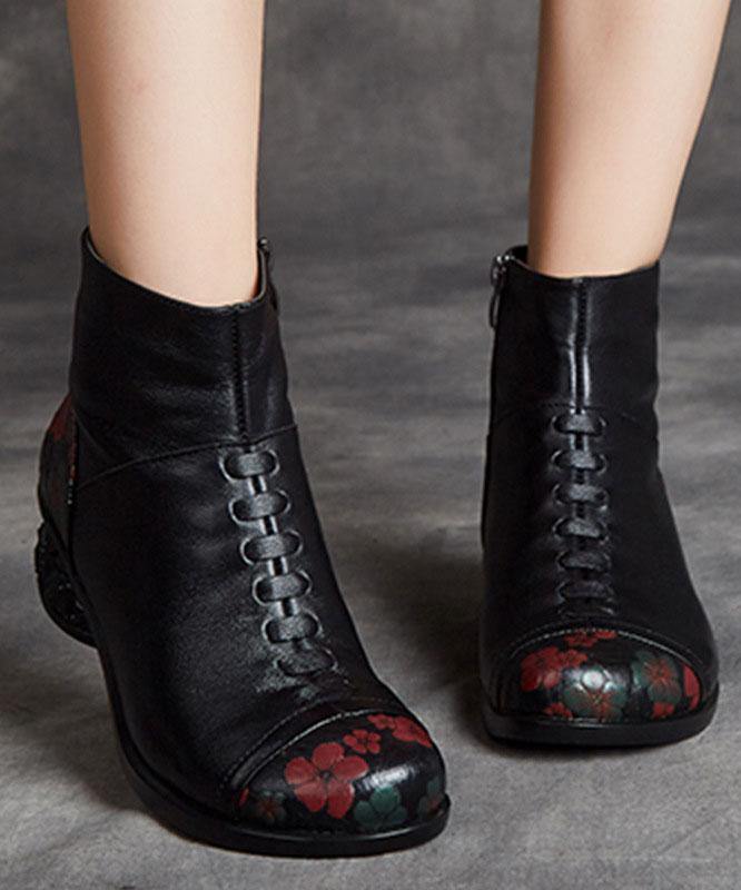 Black Boots Chunky Cowhide Leather Embossed Boots