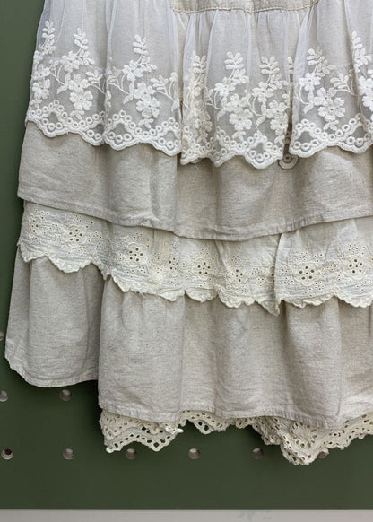 Linen Elastic Waist Lace Patchwork Linen Skirts Spring