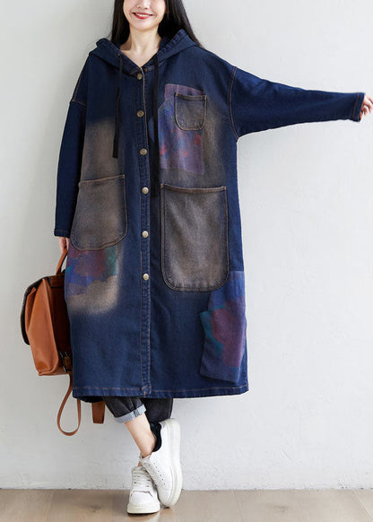 Simple Dark Blue Drawstring Hooded Pockets Print Denim Trench Coats Spring