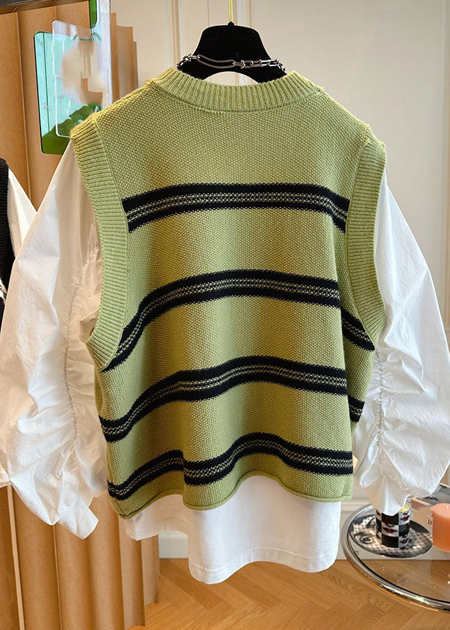 Stylish Black O-neck Striped Patchwork Knit Waistcoat and Shirts Two Pieces Set Long Sleeve