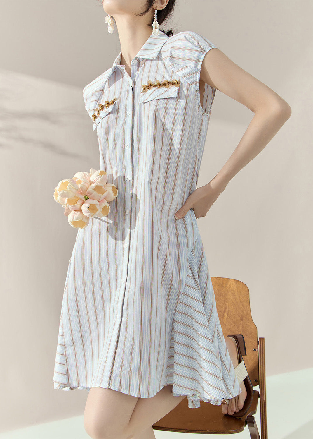 Striped Peter Pan Collar Button Holiday Mid Dress Short Sleeve
