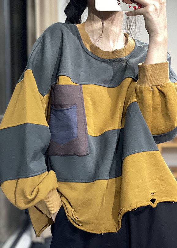 Coffee O-neck Striped Hole Fall Pullover Sweatshirt