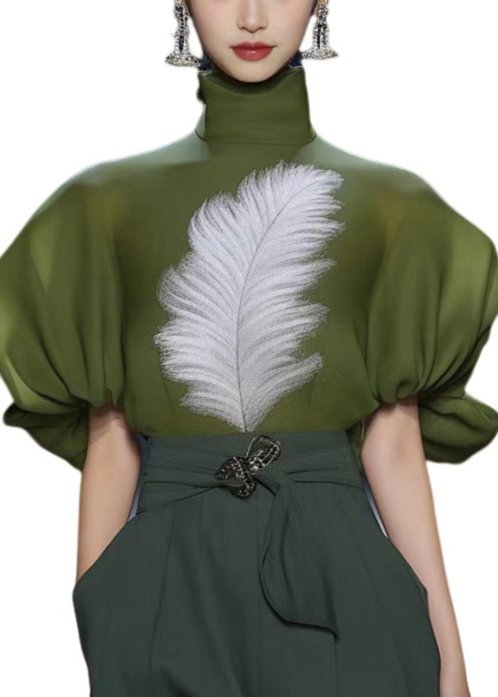 Green Hign Neck Print Patchwork Silk T Shirt Lantern Sleeve