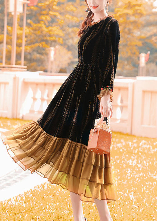 Brown Cinched Patchwork Ruffles Silk Velour Dress Spring