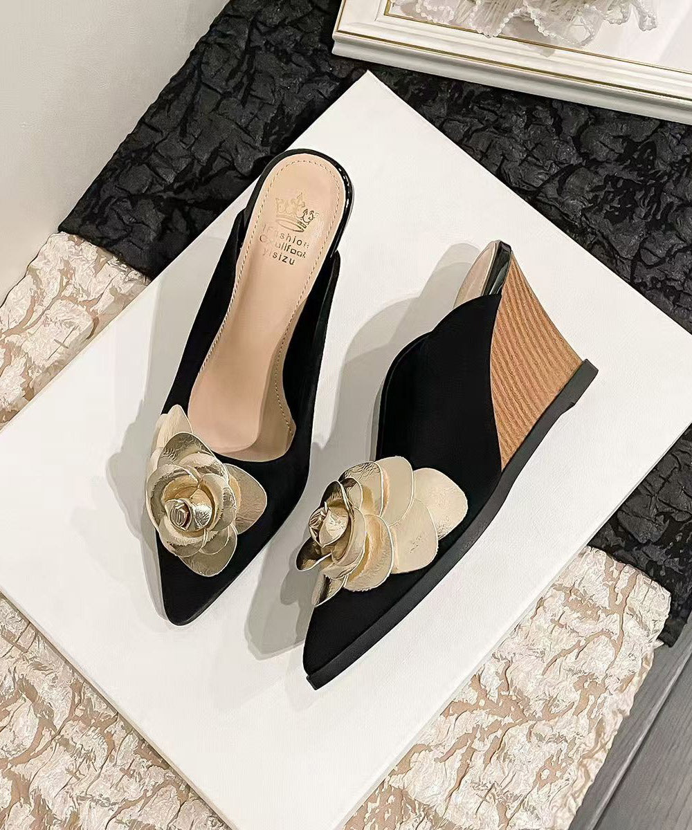 Classy Splicing Wedge Heels Black Suede Slide Sandals