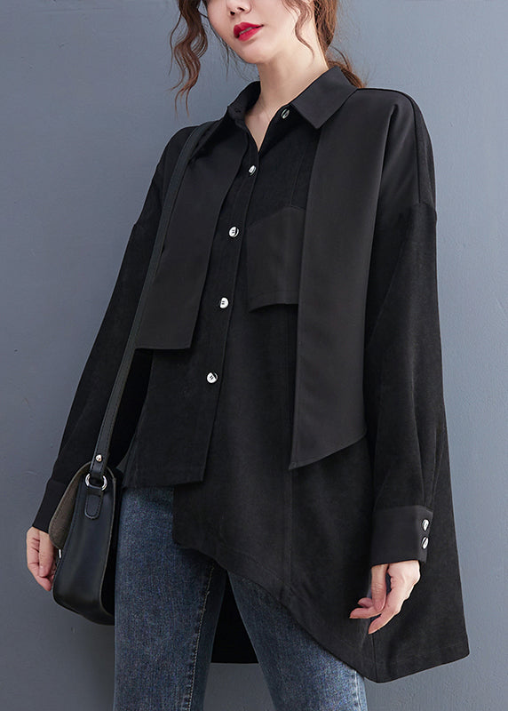 Black Asymmetrical Patchwork Cotton Blouses Fall