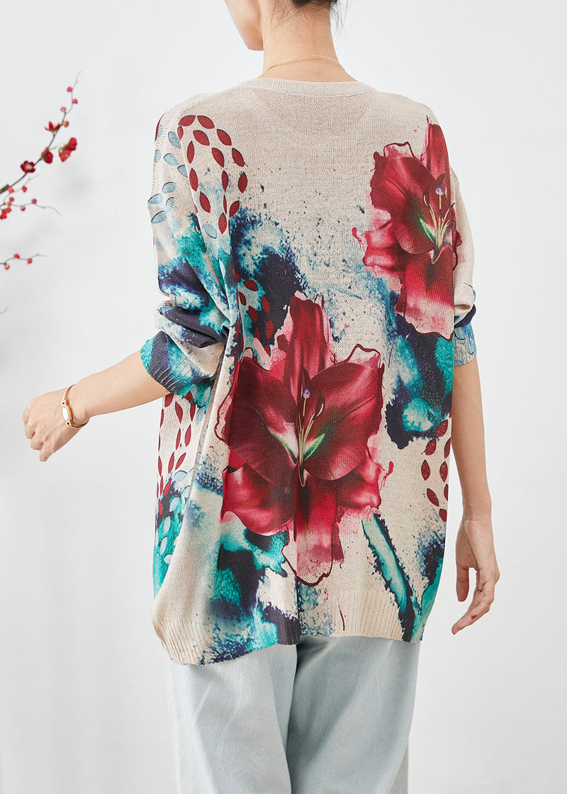 Diy Beige Oversized Print Knit Pullover Fall