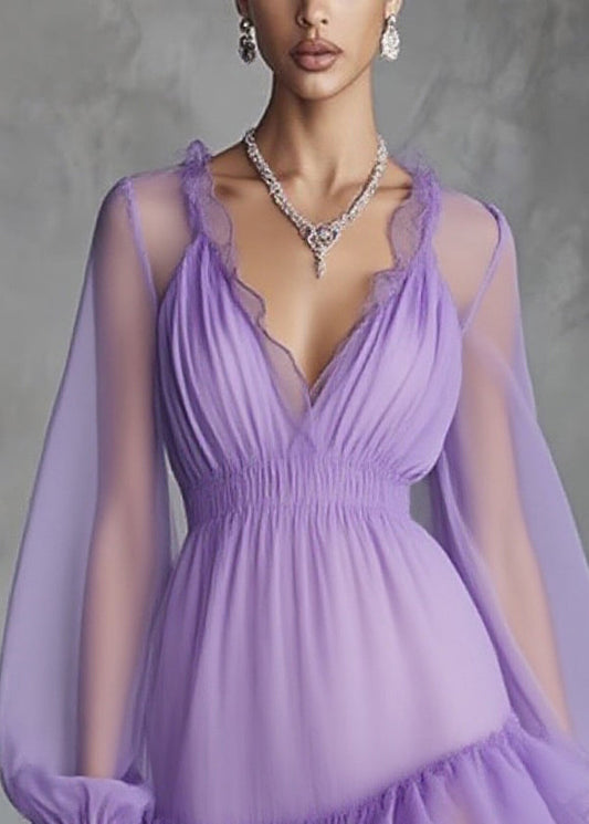 Purple Wrinkled High Waist Tulle Mid Dress V Neck Spring